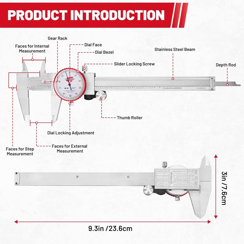Standard Gage أداة قياس كاليبر دial SAE بمدى 0-6"، ميكرومتر دقيق تناظري بدقة ±0.001"، كاليبر معدني ميكانيكي يدوي من الفولاذ المقاوم للصدأ مع قياسات بأربعة اتجاهات - Image 2